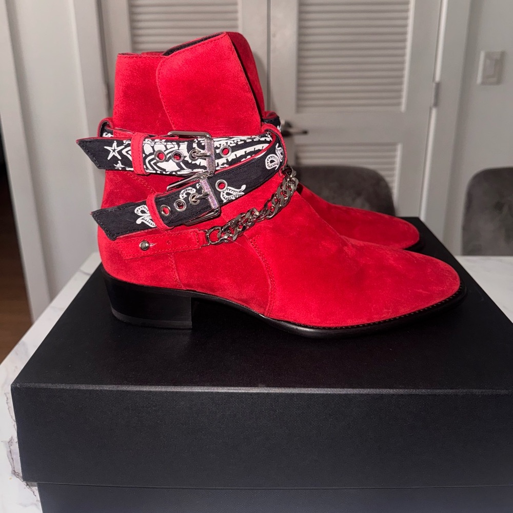 AMIRI Suede Chain Chelsea Boots Bandana- Trimmed Ankle Boots Red 43.5 NWT